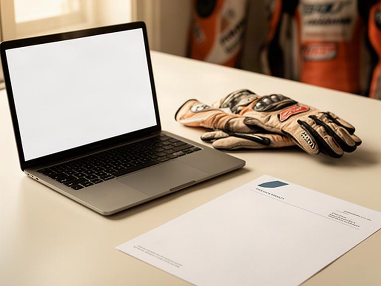Open privacydocument naast een laptop op een rustige werktafel met racehandschoenen op de achtergrond