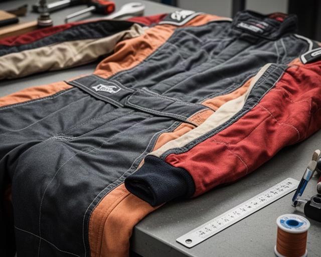 Detail van een meerlaags brandwerend racepak op een werkbank