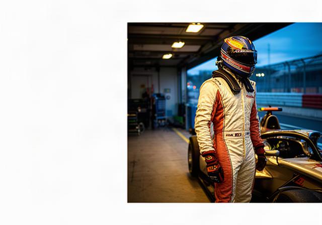 Coureur met helm en brandwerend pak naast een raceauto in een verlichte pitstraat