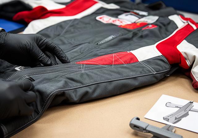 Technische inspectie van een racepak met zichtbare stiksels en certificeringslabel