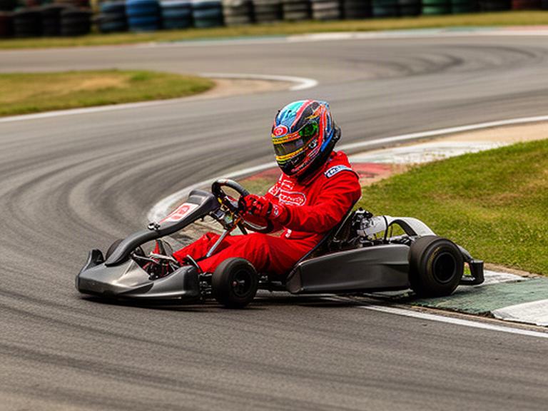 Karter met helm en rood kartpak op een buitenbaan tijdens een bocht